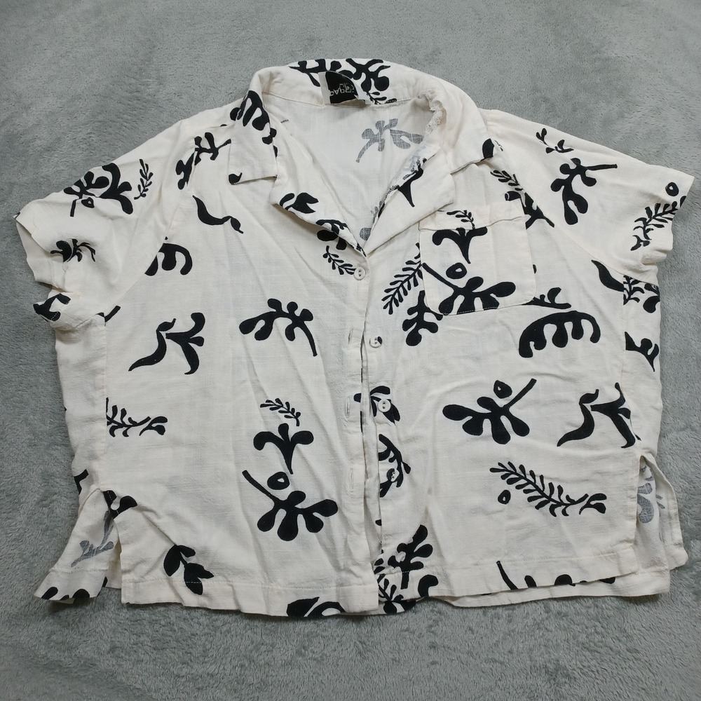 Paper Heart Top Womens Large White Linen Blend Button Up Short Sleeve‎ Preppy